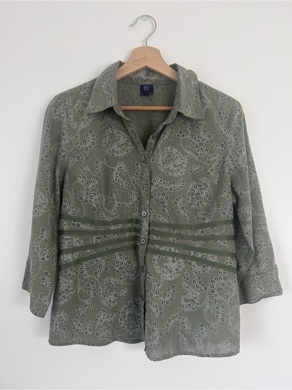 R Petites Vintage Olive Green Earth Tone Paisley Button Down Blouse Top